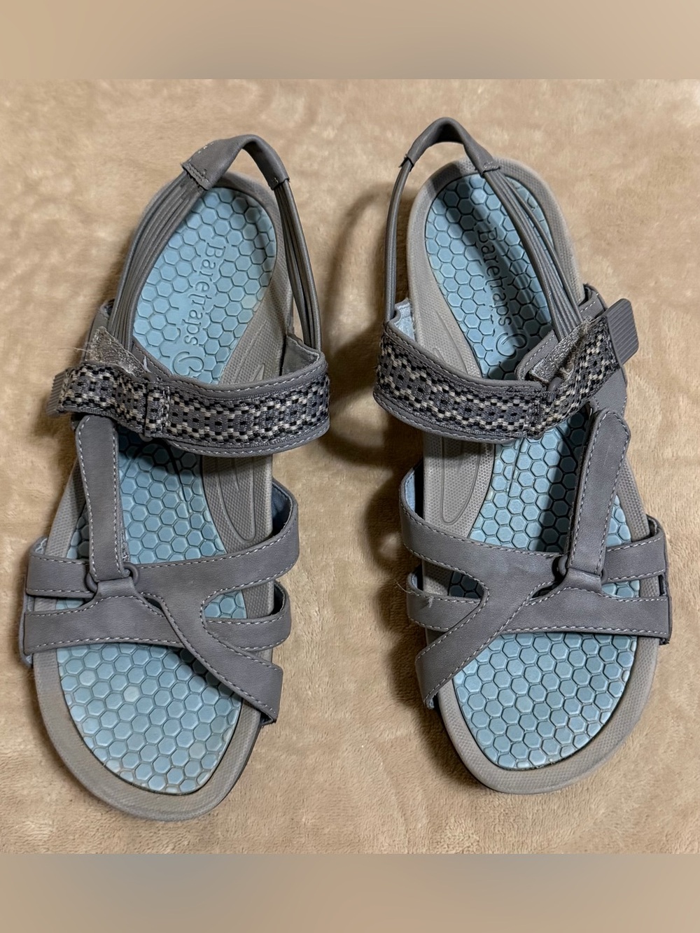 BareTraps Gray Strappy Sandals with Light Blue Footbed